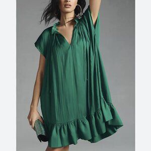 By Anthropologie Mock-Neck Swing Dress Green Mini Ruffle Pleated Size Medium